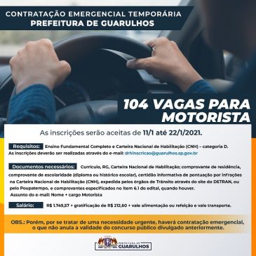 Guarulhos abre inscrições para contratação temporária emergencial de 104 motoristas